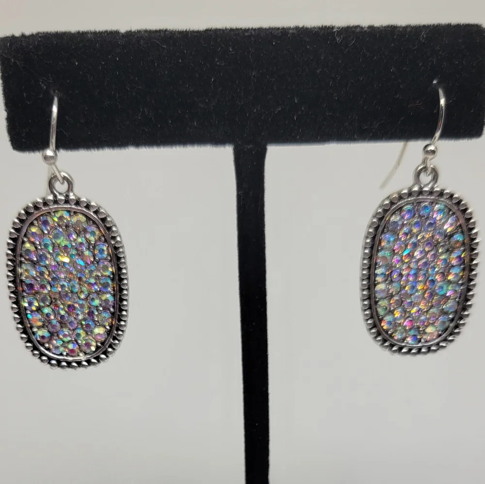 Iridescent Rhinestone 1" x 0.5" Silver Tone Earrings